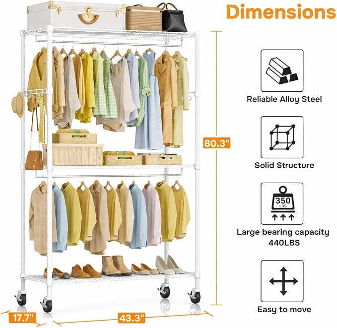 Simple Deluxe Rolling Clothes Rack, Heavy Duty Clothing Rack, 3-Shelf Portable Adjustable Wardrobe Closet with Wheels, Hanging Rods & Side Hooks, 43.3" W x 17.7" D x 80.3" H, White