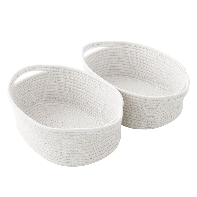 2 Pack Small Woven Rope Basket with Handles, Grey | Empty Gifts Basket with Bag and Ribbons, Cute Handle Organizer Box, Birthday/Baby Shower, Toy Storage