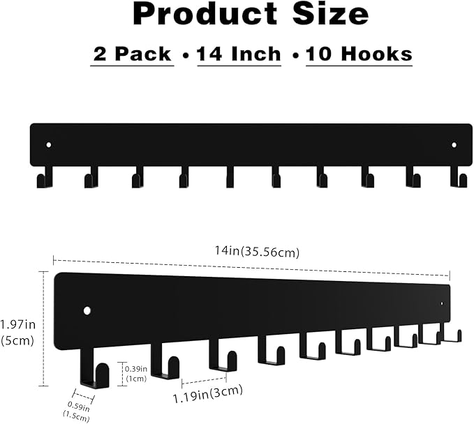 14inch Wall Key Holder with 10 Hooks(2 Sets), Metal Key Rack Wall Mount for Keys, Bags and Leashes, Key Hanger for Decorative Organizer Apartment，Entryway,livingroom,Black
