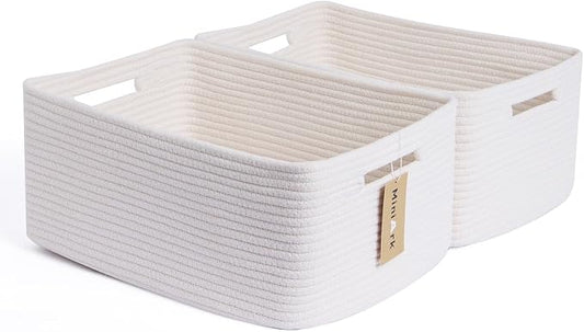 MiniArk Large Storage Baskets for Shelves, 17 x 13 x 7.5” Closet Organizers Bins for Clothes Blanket Towels, Baby Nursery, Toy Baskets Box, Woven Rope Baskets, 2 Packs Off White