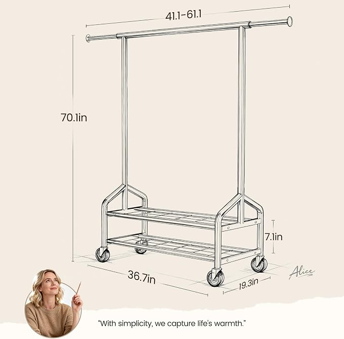 Heavy Duty Clothes Rack, Rolling Clothing Rack Load 650 LBS for Hanging Clothes with 2 Sturdy Shelves, Metal Garment Rack with Wheels for Bedroom, Laundry Room, Retail Store, Silver