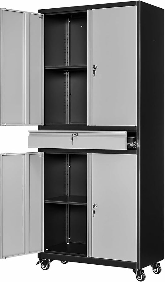 Metal Storage Cabinet with Wheels, 73" Tall Garage Rolling Storage Cabinets with Doors and Shelves, Lockable Tool Caninet Steel Locking Cabnets for Home Office, Garage, Pantry