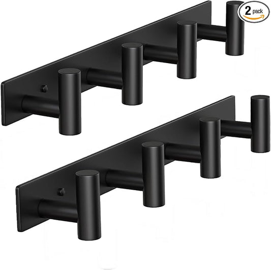 Coat Rack Wall Mounted-4 Hooks, Heavy Duty Stainless Steel Wall Hooks for Towel Coat Bag, Hat Rack Coat Hanger Coat Hooks Towel Racks for Bathroom Entryway Kitchen Hotel (Black, 2 Packs)