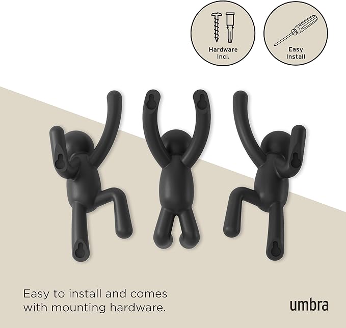 Umbra Buddy Wall Hooks – Decorative Wall Mounted Coat Hooks for Hanging Coats, Scarves, Bags, Purses, Backpacks, Towels and More, Set of 3, Black | Easy install with hardware, holds 5lbs per hook, entryway bedroom bathroom dorm, playful hanging storage...