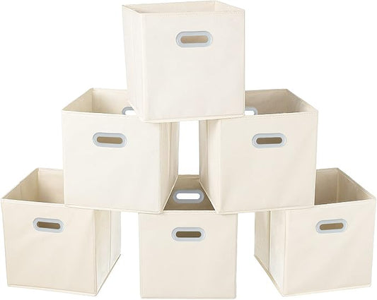 Fabric Cloth Storage Bins,Fabric Cube Organizer with Dual Handles Foldable Cube Storage Baskets for Home Bedroom Storage,Set of 6, Creamy-White