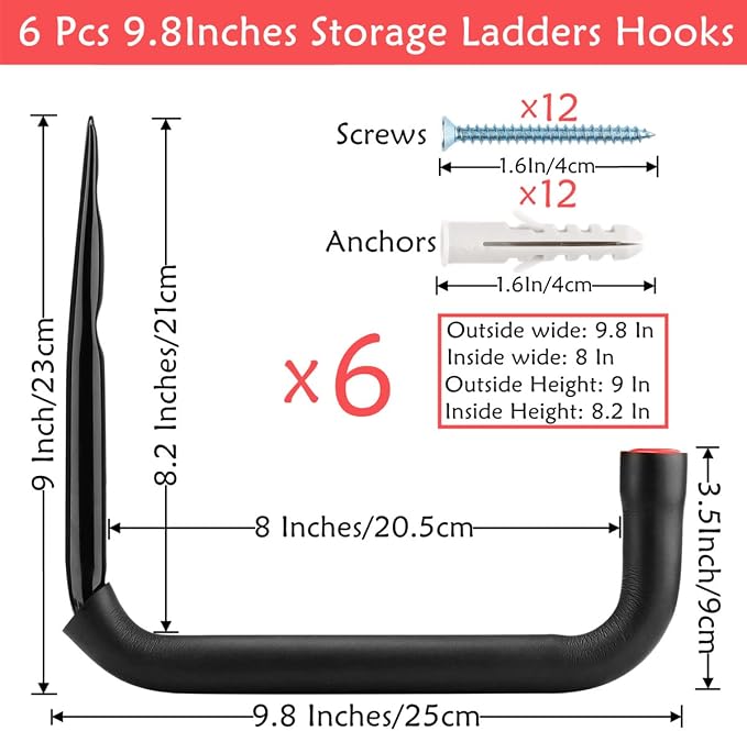 Garage Storage Ladders Hooks, 6 Pack Heavy Duty Utility Hanger, 9.8IN Wall Mount Rack Safely Holds 50 Pounds