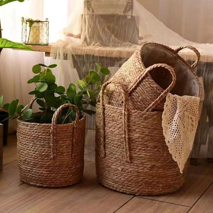Handmade Rattan Woven Flowerpot Straw Woven Storage Basket Plant Holder Flower Pot Planter Balcony Home Decoration(9.84''X7.87''X9.84'')