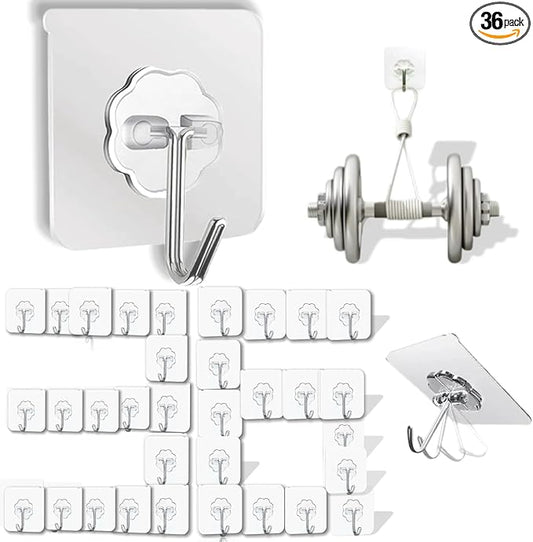 DDMY Clear Adhesive Hooks Heavy Duty Walls Hook 36 Pack for Hanging | Strong Self Adhesive Hook Holds Up to 50lb(Max) Transparent Reusable Waterproof No Drill for Kitchen Bathrooms Coat No Damage