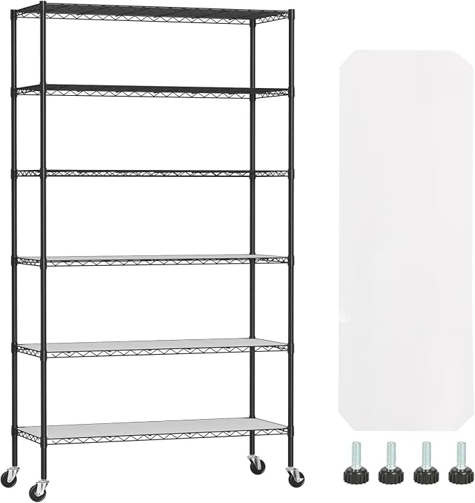 FDW | 6-Tier Wire Storage Shelves with PP Shim | 45"x18"x82" Wheels | Black | Adjustable Racks | Heavy-Duty Metal Shelf, Holds Upto 2100 lbs | Tool-Free Assembly, Rust-Resistant | for Home & Garage