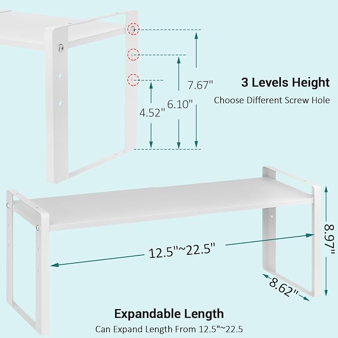 2 Pack Expandable Cabinet Organizer Shelves, 88lbs High Weight Capacity, Stackable Heavy-Duty Metal Storage Rack, Adjustable Cabinet Shelf for Kitchen, Pantry, Cupboard, Under Sink, White