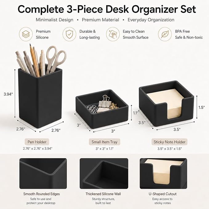 minimaliving Aesthetic Silicone Desk Organizer Set of 3,Modern Office Desk Accessories with Pen Holder,Paperclip Tray,Sticky Note Holder,Stylish Functional Office Desk Decor for Back-to-school(Black)