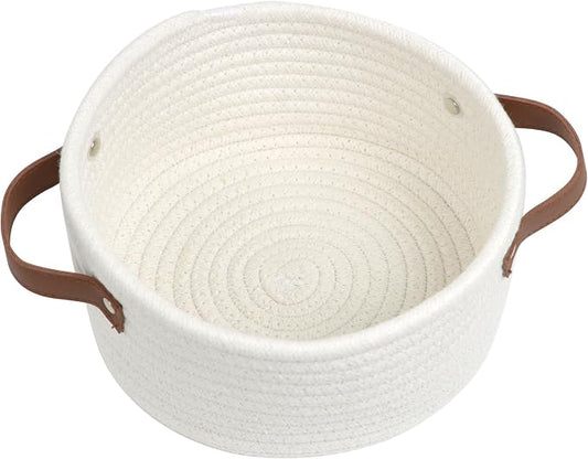 Small Woven Cotton Rope Basket with Leather Handle | Cute Mini Round Storage Basket, Empty Gift Basket, Nursery Toy Organizer, Decorative Shelf Bin, Boho Room Decor