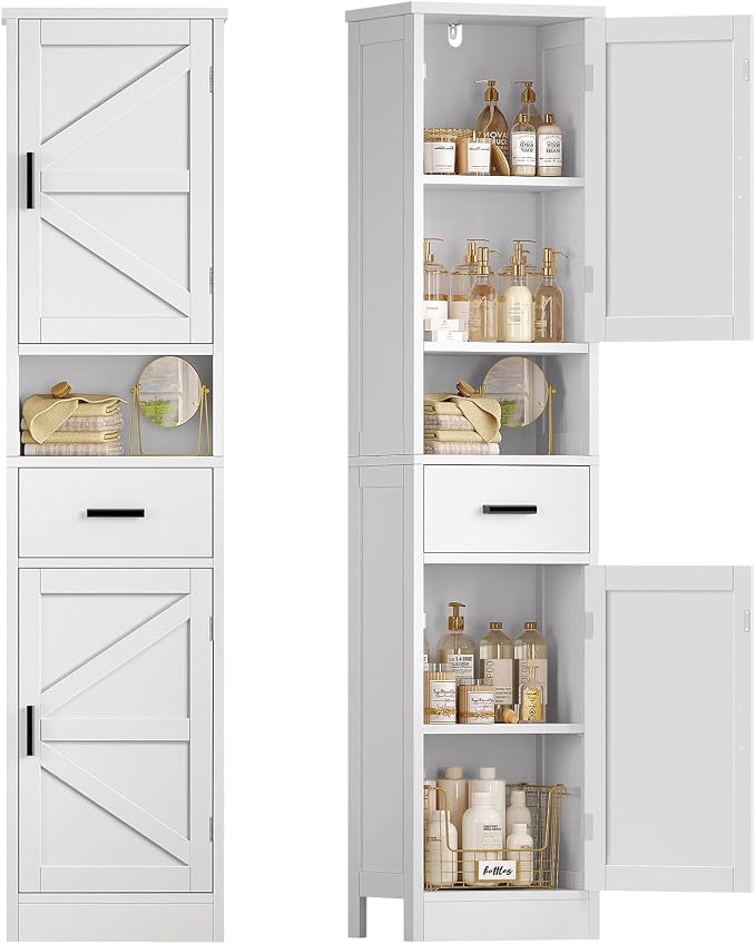 67" H Bathroom Storage Cabinet with Barn Doors & Adjustable Shelves, Bathroom Cabinet with Drawer, Narrow Bathroom Storage Unit, Floor Cabinets for Living Room, Kitchen, White