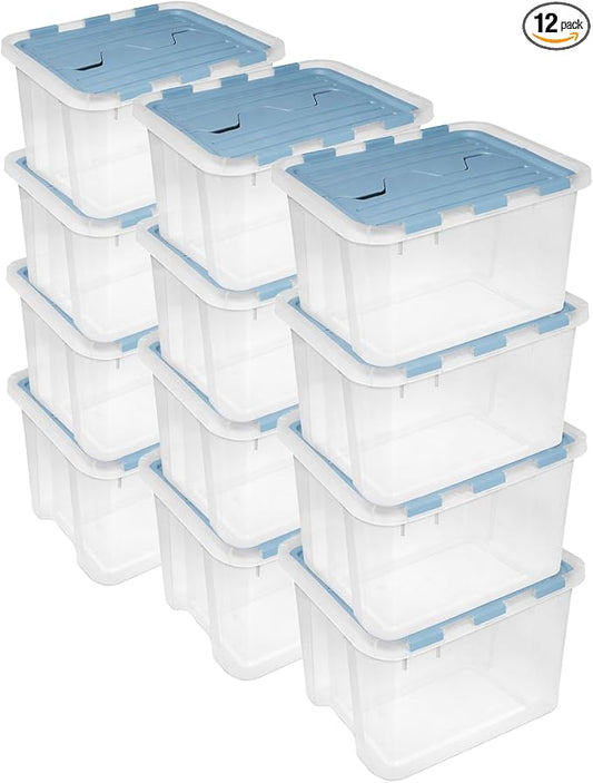 SteriliteHinged Lid Storage Box Plastic Container, 60 Quart, 12 Pack | Washed Blue - Home Organizer Tote for Storing Shoes, Crafts, Clothing, or Decor