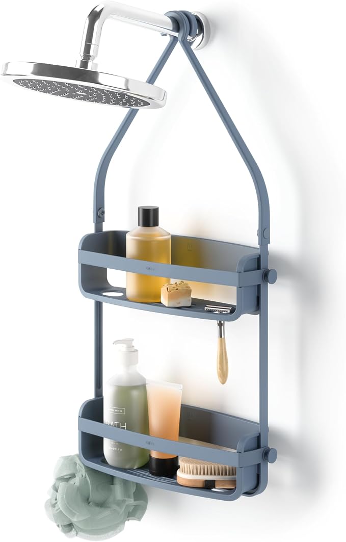 Umbra Flex Shower Caddy, Hanging 2 Shelves Bathroom Organizer, Slate Blue | Flexible silicone bands, drainage system, mold resistant, bottle collars, overhead mount