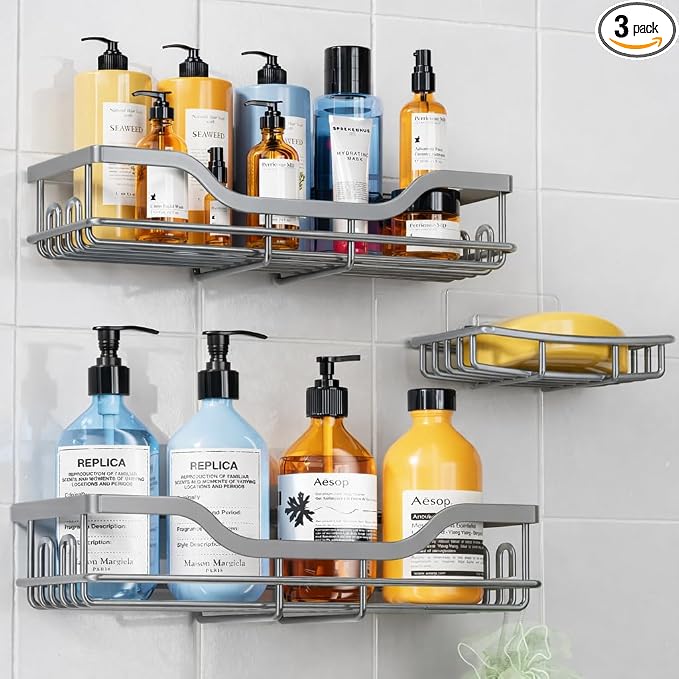 OMAIRA 3-Pack Shower Caddy with Soap Holder, Adhesive Rustproof No-drill Strudy Loading Inside Shower Organizer Shelves Rack Storage Bathroom Organization for Smooth Wall Glass Tile, Grey