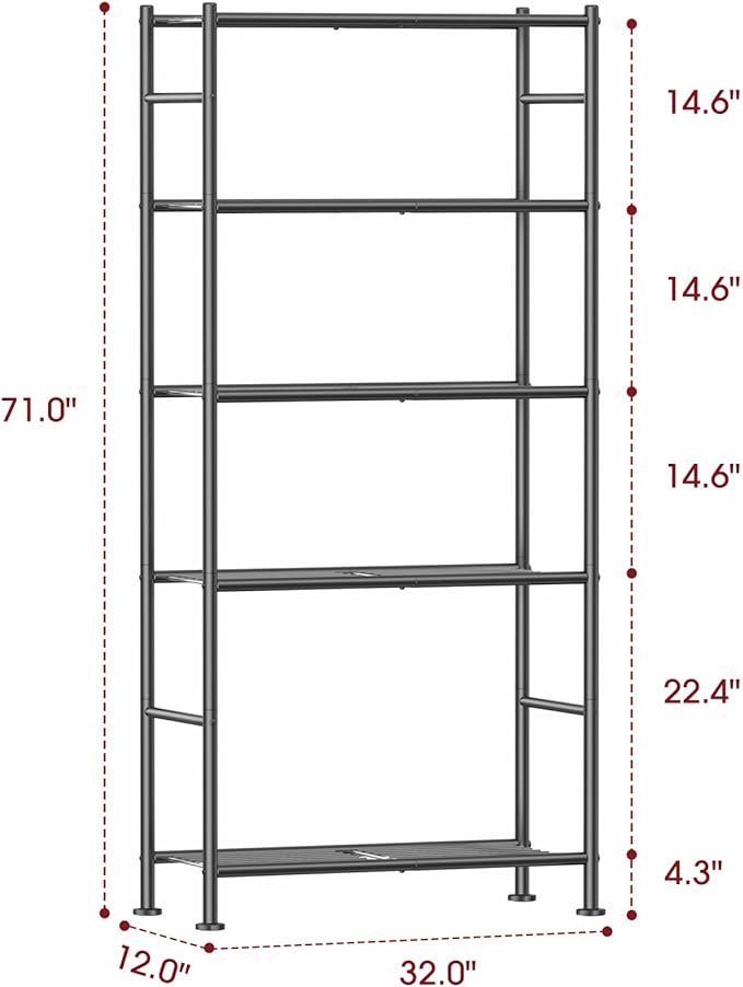 Sakugi Storage Shelves - 5 Tier Shelf Organizer, Sturdy Metal Garage Shelving with Adjustable Leveling Feet, Space-Saving Shelves Organizer for Pantry, Laundry, Kitchen (32" x 12" x 71", Black)