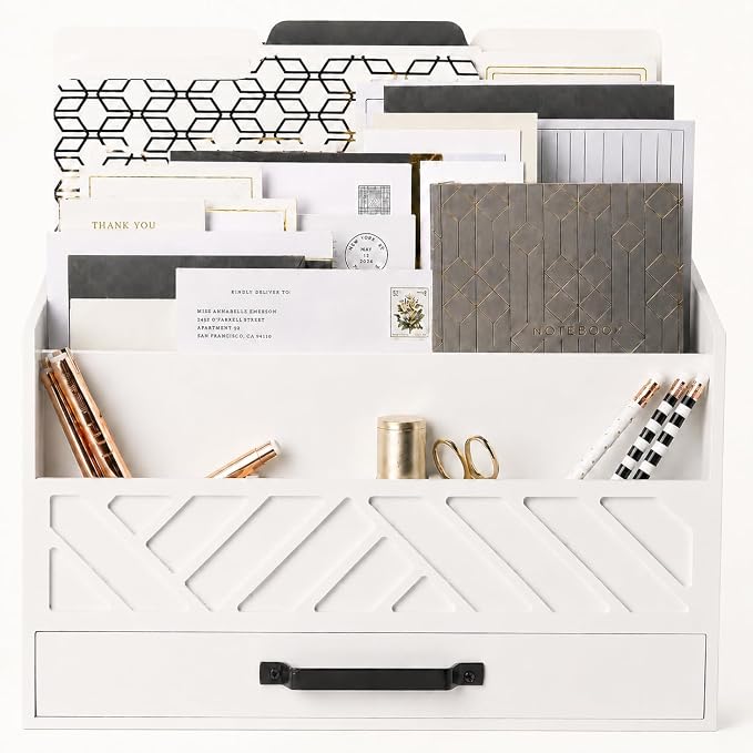 BLU MONACO | Wooden Mail Organizer with Drawer | Mail Organizer Countertop with 6 Compartments | Bill Holder for Desk | White Desktop Mail Sorter