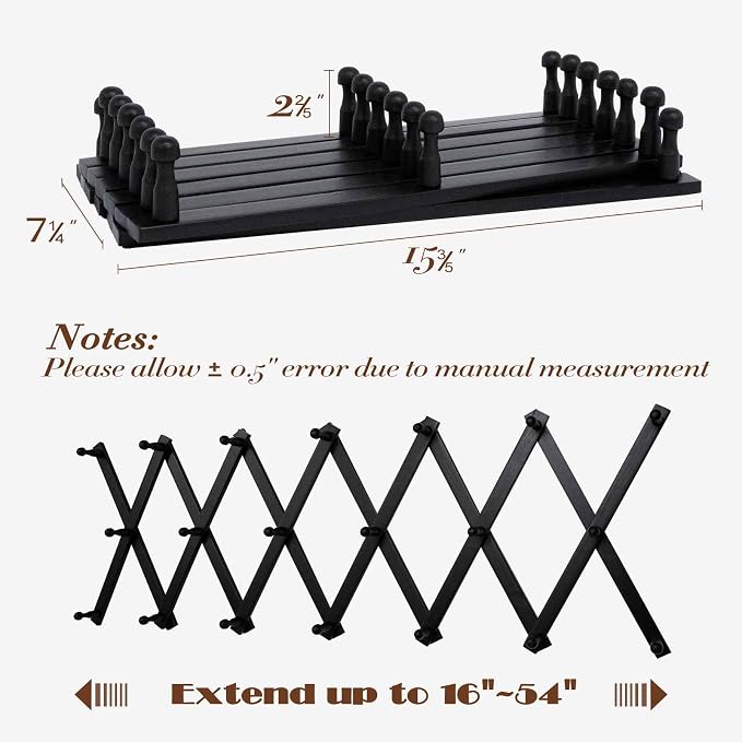 SCUNDA Wall Rack with 20 Hooks, Wooden Wall Expandable Coat Rack for Coat, Hats, Baseball Caps, Coffee Mug, Jewelry(Black)