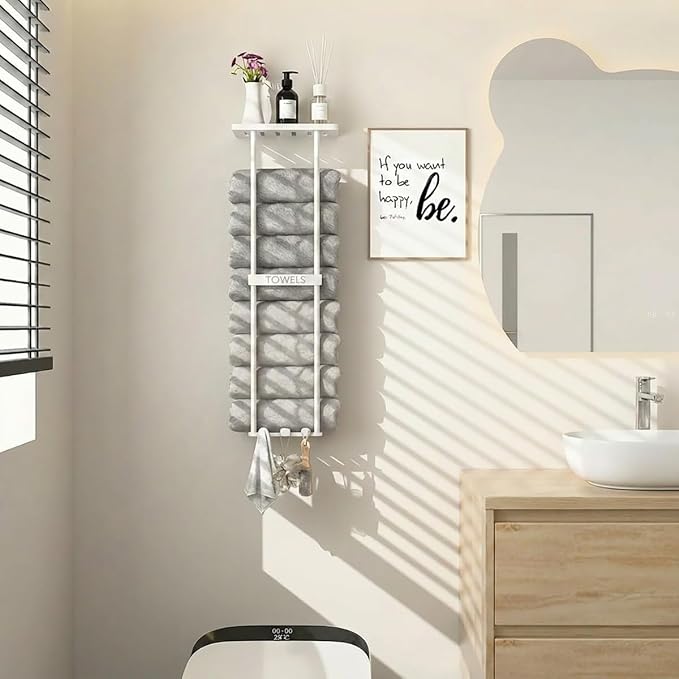 2-Tier Wall-Mounted Towel Rack with Hooks & Shelf, Black Metal Towel Holder for Small Bathrooms (White)