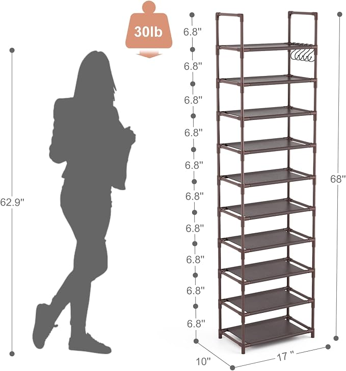 LANTEFUL 10 Tiers Tall Shoe Rack 20-25 Pairs Boots Organizer Storage Sturdy Narrow Shoe Shelf for Entryway, Closets with Hooks, Brown