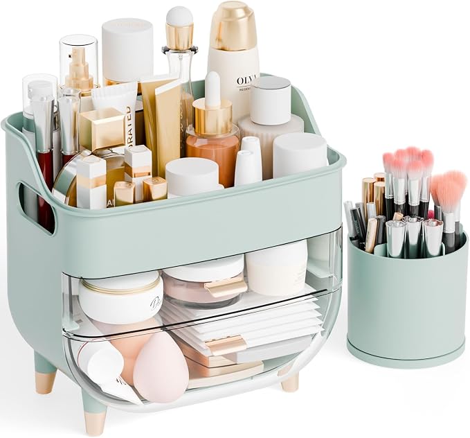 Green Make up Organizer for Countertop,Vanity,Large Capacity Bathroom Makeup Skincare Organizers With Brush Holder,Makeup Storage Organizer for Lotion,Beauty Products,Skin Care,Makeup Display