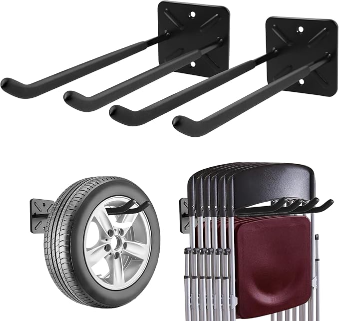 Sinoer 6 Pack Metal Wall Mount Garage Double Storage Hooks | 80KG heavy duty double hooks with 32cm extended arm, store ladders, bikes, tools and garden gear for garage use
