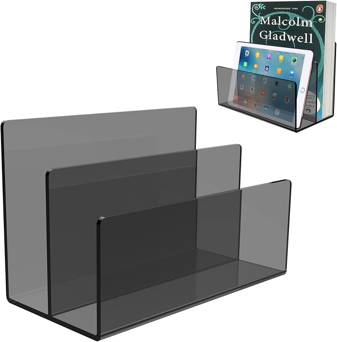 Boloyo Acrylic File Holder,1PC 2 Sections Clear Black File Organizer Mail Letter Sorter Desktop Folder Holder for Home Office School Envelope Bill Filling Paper Document