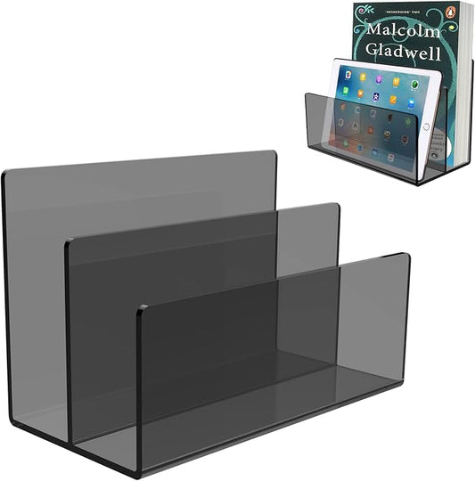 Boloyo Acrylic File Holder,1PC 2 Sections Clear Black File Organizer Mail Letter Sorter Desktop Folder Holder for Home Office School Envelope Bill Filling Paper Document