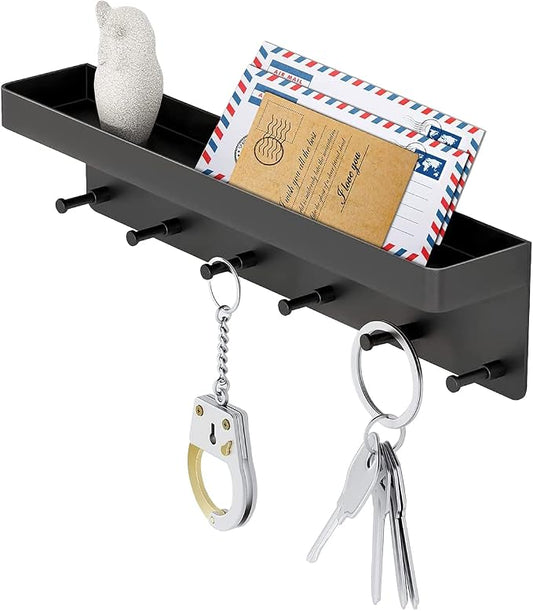 MKO Key Holder Wall Mount, Key Holder Wall Mount Adhesive with Mail Organizer Tray with 6 Key Hooks for Wall, Black | Metal Material, Key Rack with Shelf, Mail Organizer Tray for Entryway, Hallway, Living Room