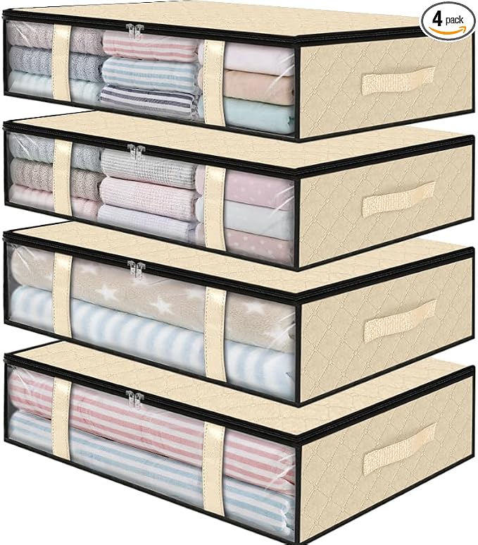 StorageRight Under Bed Storage Bags, 4 Pack, 40L, Beige | Breathable Non-Woven Fabric with a Clear Window and Zippered Top for Clothes, Comforters, Blankets and Seasonal Storage