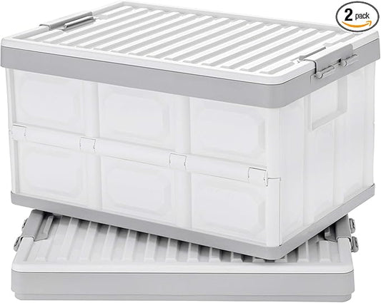 Collapsible Storage Bins with Lids 30L, Folding Plastic Stackable Utility Crates 2-Pack, Durable Containers for Home & Garage Organization - Oyster White