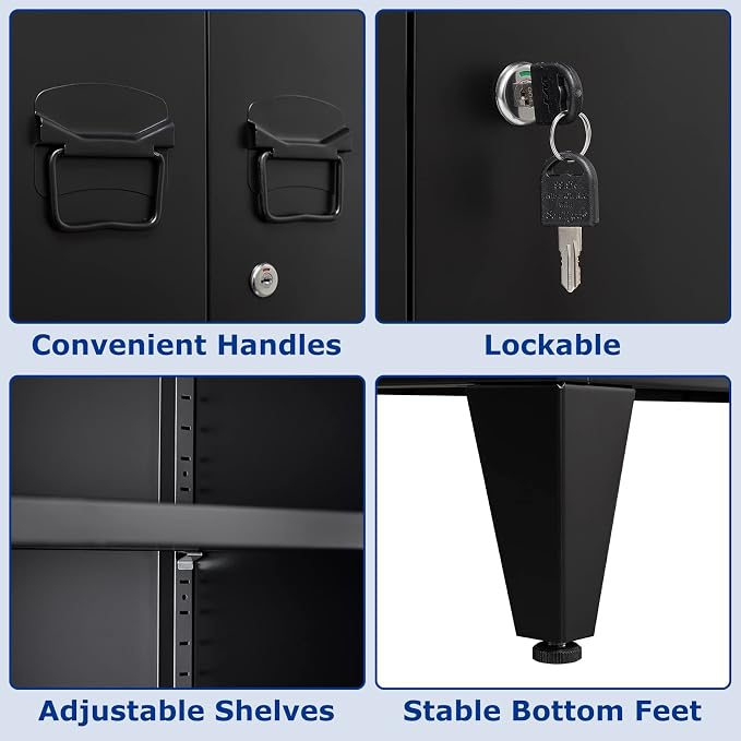 Metal Storage Cabinet with Lock, Locking Cabinets with 2 Doors and Shelves, Lockable Steel Locker Cupboard, Small Sideboard Buffet Cabinet for Home Office