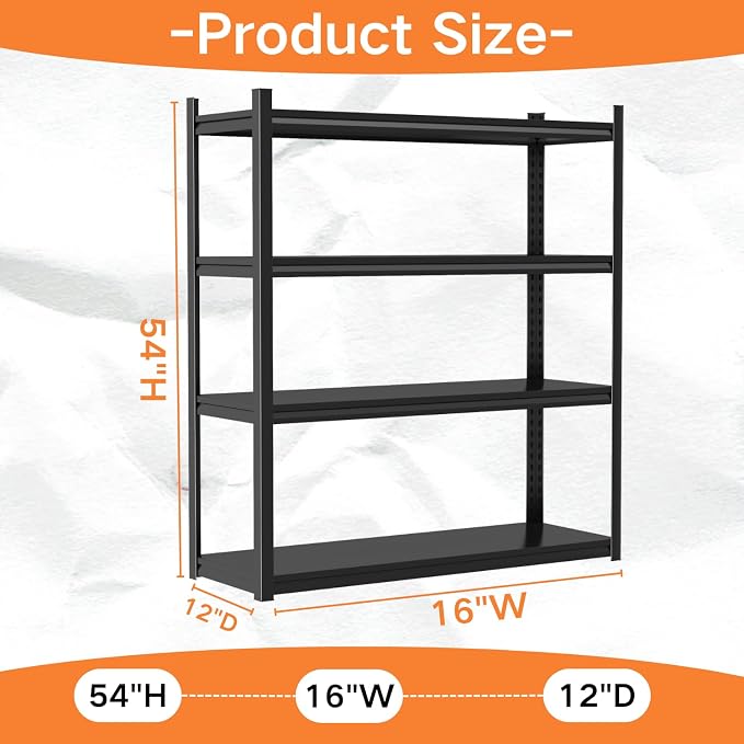 Garage Shelving, Heavy Duty Storage Shelves, Adjustable Boltless Units | Metal Shelving with Double Layer Posts, Industrial Steel Shelving for Garage Basement Warehouse Kitchen, Black, 54H*16W*12D