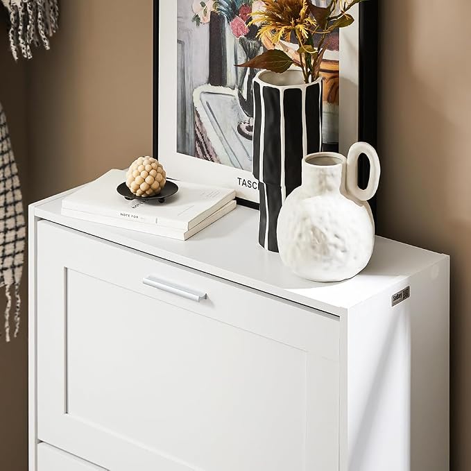 Haotian Shoe Cabinet Storage for Entryway | Narrow Shoe Cabinet with Two Flip Drawers to Save Space, Shoe Rack Cabinet for Front Door Entrance Hallway (White)