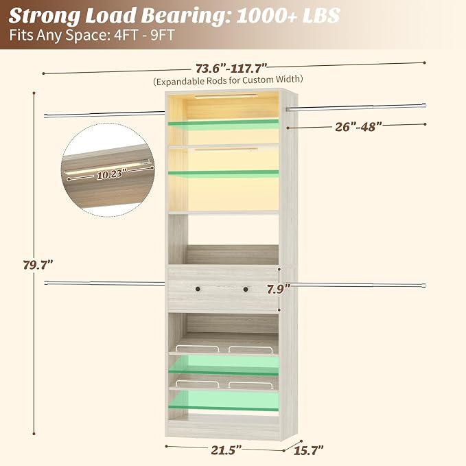Wood Closet Organizer System with Sensing Light - 4FT-9FT Expandable Wardrobe Closet with Drawer & 4 Hanging Rods, Heavy Duty Walk-in Closet 1000Lbs for Bedroom Walk-in Closet, White Oak