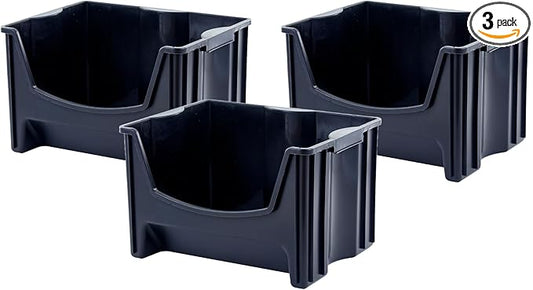 Mighty Tuff Jumbo Stackable Storage Bins, Pack of 3, Easy-Access Storage, Large Easy-to-Grip Handles, Wide Front Opening, Interlocking, Stack Vertically, Black