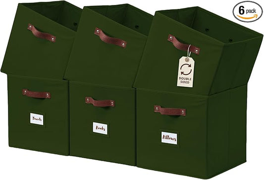 DECOMOMO Storage Bins, Cube Storage Bin with Labels | 13" x 13" x 13" Fabric Storage Cubes for Shelves (6pcs, Olive Green)