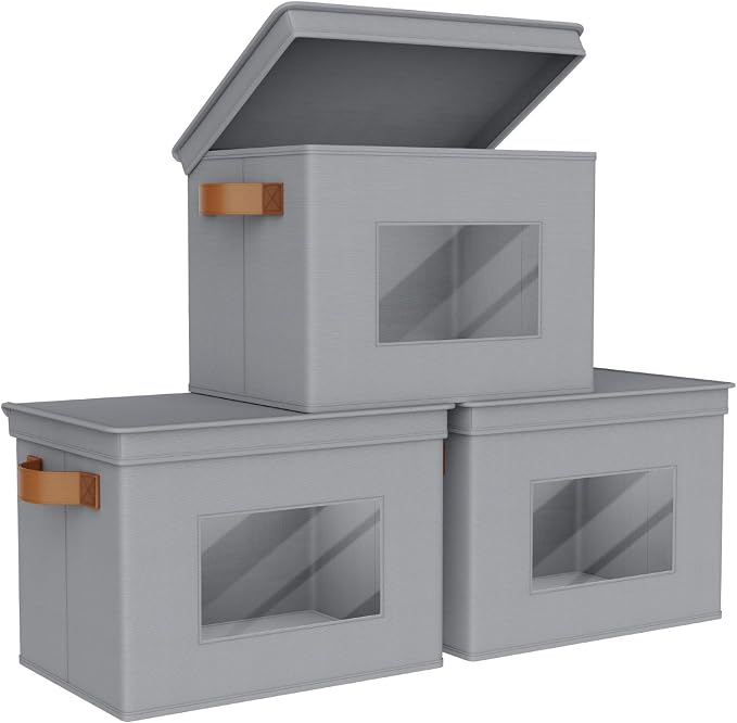 Univivi Storage Bins with Lids Collapsible Foldable Closet Storage Boxes for Clothes [3-Pack] Containers boxes with Handles Closet Storage for Home, Office, Bedroom (Grey,17" x 12"x 12") | 17 x 12 x 12 In Foldable Storage Boxes with Handles, Clear Wind...