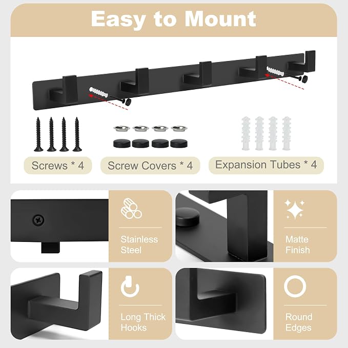 Coat Rack Wall Mount, Metal Coat Hanger with 5 Hooks, Black, 2 Pcs | Heavy Duty, Matte Finish, Includes 5 Long Thick Hooks, for Entryway, Doorway, Bedroom, Bathroom, Living Room, Closet, RV