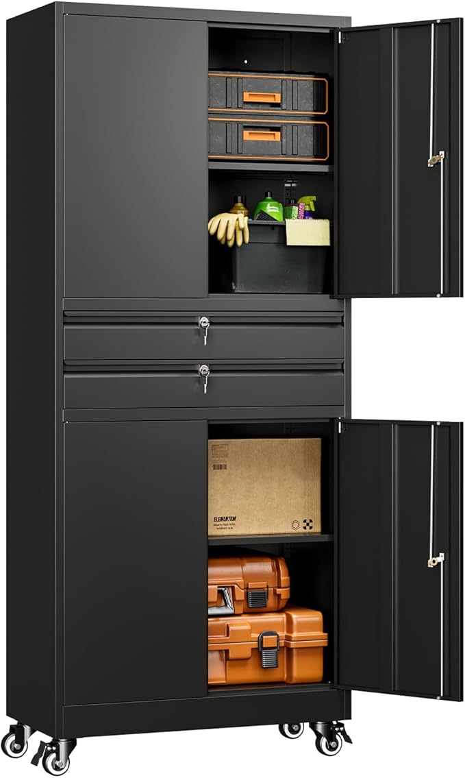 Yizosh Metal Garage Storage Cabinet with Locking Doors and Adjustable Shelves, 74" Rolling Tool Storage Cabinet with 4 Wheels and 2 Drawer for Garage,Warehouse