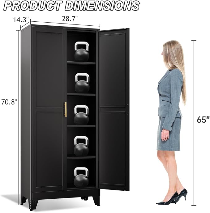 winiowa Metal Pantry Cabinet with 2 Doors and Adjustable Shelves - 71" Kitchen Storage Cabinet with Gold Handles - Versatile Storage for Kitchen, Bathroom, Dining Room, Utility Room - Black