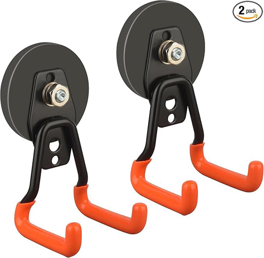 ULIBERMAGNET New Upgraded Heavy Duty Magnetic Garage Hooks,2 Pack Strong Large Magnet Hooks for Power Drill,Garden Tools,Hose,Pegboard,Garage, Workshop,Magnetic Storage Hook for Hanging(Orange)