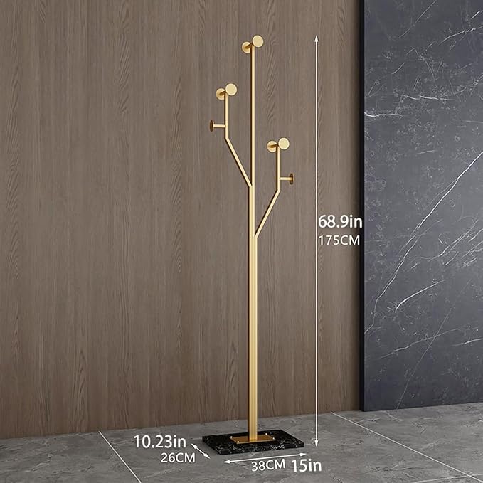 Gold Coat rack,Sturdy coat tree freestanding heavy duty with Marble Base,Metal standing coat rack for Bedroom,Entrance,Modern coat hanger stand for Coats,Hats,Bags(gold)