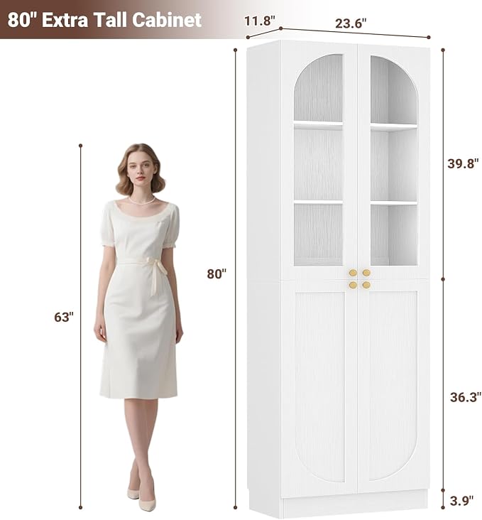 Cyclysio 80" Kitchen Pantry, Tall Arch Storage Cabinet with Tempered Glass & Soft Close Doors, Freestanding Wood Floor Cupboard Bookcase with Seamless Fit Wall for Dining Living Room, Bathroom (White)