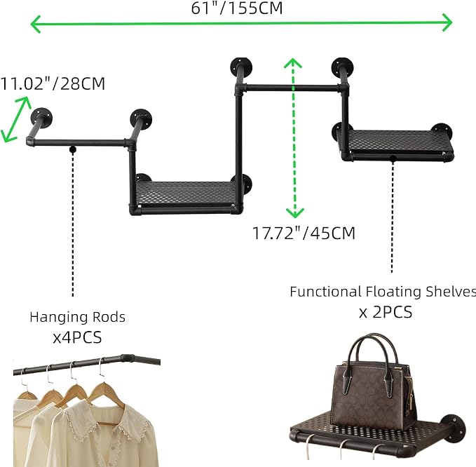 Industrial Pipe Clothing Rack, Wall Garment Rack, Hanging Clothes Rack | Heavy Duty Iron Clothes Bar/Rod, Space-Saving Clothing Hanging Rails with 2 Shelves for Closet Home Bedroom Retailer Laundry