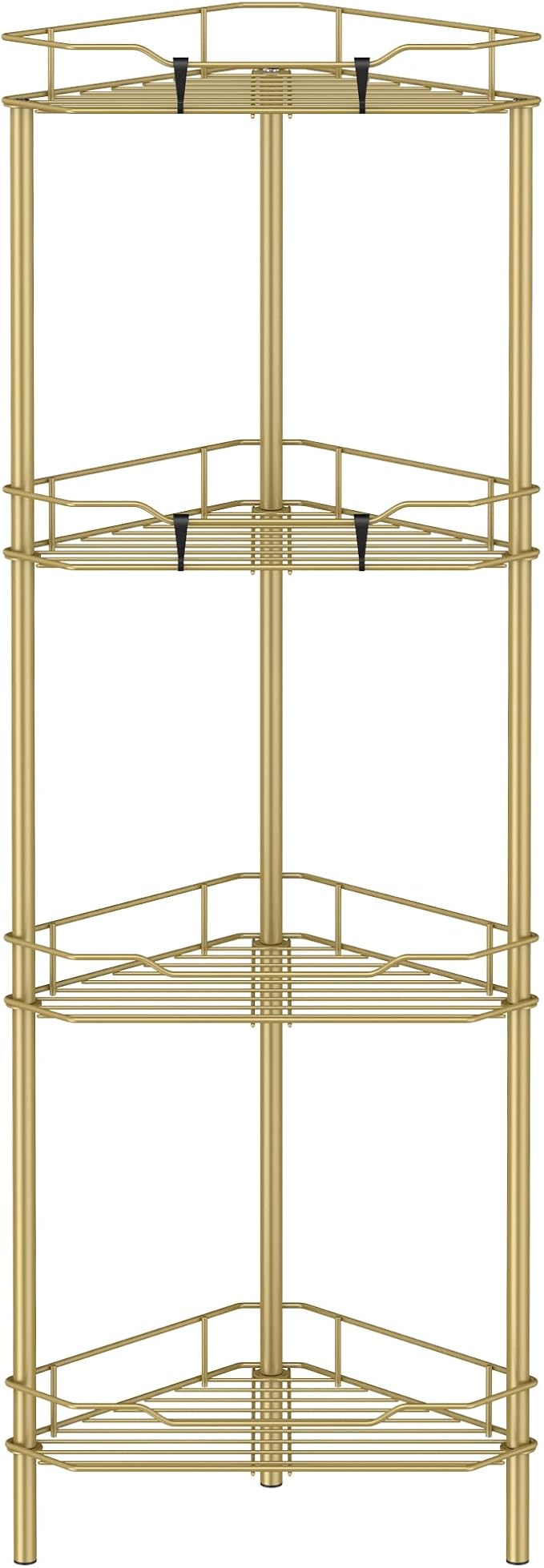 HuggieGems 4 Tier Floor Standing Corner Shower Caddy Organizer Shelf with Hooks, Bathroom Shelves Stand Rack, Gold