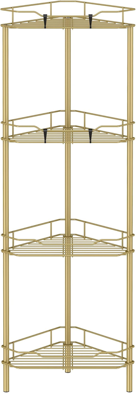 HuggieGems 4 Tier Floor Standing Corner Shower Caddy Organizer Shelf with Hooks, Bathroom Shelves Stand Rack, Gold