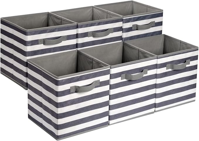 Amazon Basics Collapsible Fabric Storage Bins with Handles, Cube Organizer for Home Organization, White/Light Grey Stripe, 10.5"x10.5"x11" (Pack of 30)