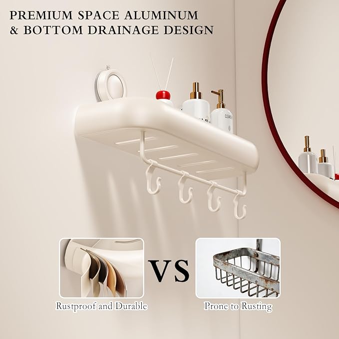 CICUFY Shower Caddy Suction Cup, 2 Pack No Drilling Corner Shower Shelves, Rust Proof Bathroom Storage Organizer, Shower Corner Caddy with Removable Hooks and Towel Bar, Square, Cream